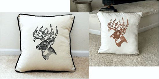 Deer head embroidered design in black or brown throw pillow cover, 18" x 18" beige (natural color) with matching piping around edge. The perfect decor for farmhouse or country living. A gift for the deer hunters to place in there room, anniversary gift, birthday gift or housewarming gift for a best friend gift. Borgmanns Creations 1
