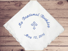 Load image into Gallery viewer, Embroidered sponsor&#39;s baptismal gift, with baptismal date, cotton handkerchief with scalloped edges 11&quot;x 11&quot;  for the godparents and grandparents, for girl or boy. This baptismal hankie is a keepsake gift that can be used every day, a small remembrance of a wonderful occasion. Personalized close friend gift. Borgmanns Creations 1
