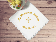 Load image into Gallery viewer, Embroidered sponsor&#39;s baptismal gift, with baptismal date, cotton handkerchief with scalloped edges 11&quot;x 11&quot;  for the godparents and grandparents, for girl or boy. This baptismal hankie is a keepsake gift that can be used every day, a small remembrance of a wonderful occasion. Personalized close friend gift. Borgmanns Creations 3
