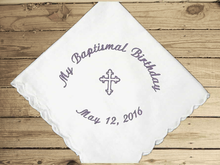 Load image into Gallery viewer, Embroidered sponsor&#39;s baptismal gift, with baptismal date, cotton handkerchief with scalloped edges 11&quot;x 11&quot;  for the godparents and grandparents, for girl or boy. This baptismal hankie is a keepsake gift that can be used every day, a small remembrance of a wonderful occasion. Personalized close friend gift. Borgmanns Creations 4
