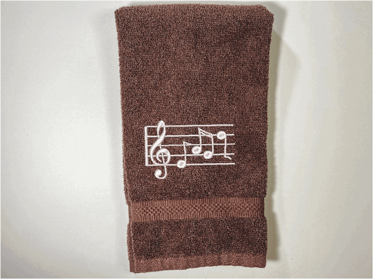 Brown musical notes hand towel, cotton premium terry towel, soft and absorbent, 16" x 27" - embroidered musical notes - gift for mom and her music minded family - teachers band members etc. - bathroom or kitchen decor  - Borgmanns Creations