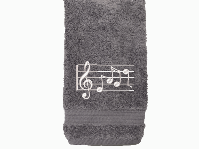 Gray musical notes hand towel - embroidered musical notes - gift for mom and her music minded family - teachers band members etc. - bathroom or kitchen decor - cotton premium terry towel, soft and absorbent, 16" x 27" - Borgmanns Creations 