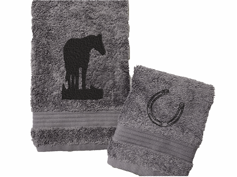 High Quality Luxury Turkish Gray Hand Towel and Washcloth,  durable soft and absorbent, finished edges with a decorative band. Set has 1 bath towel 27" x 50", 1 hand towel 16" x 27", 1 washcloth 13" x 13". Embroidered with a custom design of an Appaloosa horse. You can personalize the towel set with a name and an initial on the washcloth or just the designs. These luxury towels will make a wonderful hostess towel, wedding gift, housewarming gift, or for your own bathroom decor. Borgmanns Creations