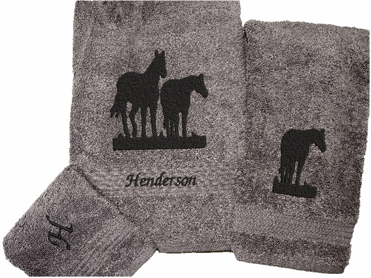 High Quality Luxury Turkish Gray Towels durable soft and absorbent, finished edges with a decorative band. Set has 1 bath towel 27" x 50", 1 hand towel 16" x 27", 1 washcloth 13" x 13". Embroidered with a custom design of an Appaloosa horse. You can personalize the towel set with a name and an initial on the washcloth or just the designs. These luxury towels will make a wonderful hostess towel, wedding gift, housewarming gift, or for your own bathroom decor. Borgmanns Creations