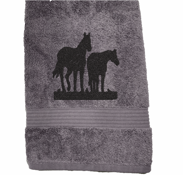 High Quality Luxury Turkish Gray Bath Towel durable soft and absorbent, finished edges with a decorative band. Set has 1 bath towel 27" x 50", 1 hand towel 16" x 27", 1 washcloth 13" x 13". Embroidered with a custom design of an Appaloosa horse. You can personalize the towel set with a name and an initial on the washcloth or just the designs. These luxury towels will make a wonderful hostess towel, wedding gift, housewarming gift, or for your own bathroom decor. Borgmanns Creations