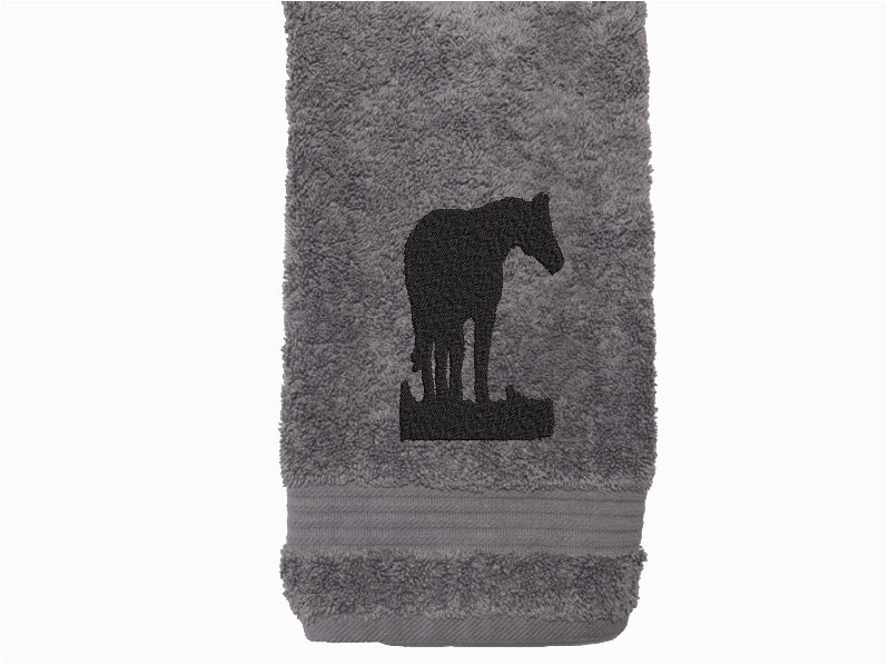 High Quality Luxury Turkish Gray Hand Towel durable soft and absorbent, finished edges with a decorative band. Set has 1 bath towel 27" x 50", 1 hand towel 16" x 27", 1 washcloth 13" x 13". Embroidered with a custom design of an Appaloosa horse. You can personalize the towel set with a name and an initial on the washcloth or just the designs. These luxury towels will make a wonderful hostess towel, wedding gift, housewarming gift, or for your own bathroom decor. Borgmanns Creations