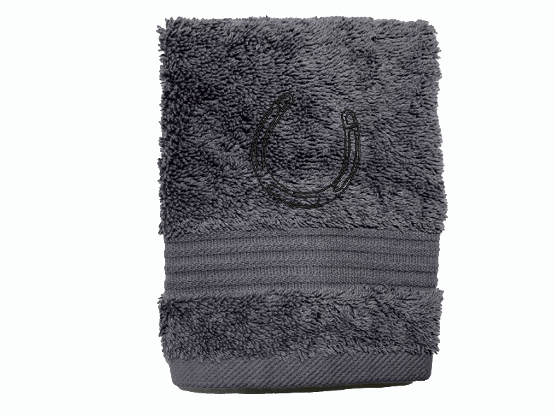 High Quality Luxury Turkish Gray Washcloth durable soft and absorbent, finished edges with a decorative band. Set has 1 bath towel 27" x 50", 1 hand towel 16" x 27", 1 washcloth 13" x 13". Embroidered with a custom design of an Appaloosa horse. You can personalize the towel set with a name and an initial on the washcloth or just the designs. These luxury towels will make a wonderful hostess towel, wedding gift, housewarming gift, or for your own bathroom decor. Borgmanns Creations