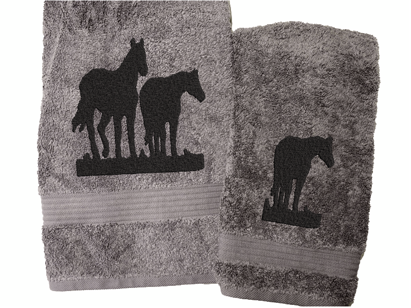 High Quality Luxury Turkish Gray Bath Towel and Hand Towel, durable soft and absorbent, finished edges with a decorative band. Set has 1 bath towel 27" x 50", 1 hand towel 16" x 27", 1 washcloth 13" x 13". Embroidered with a custom design of an Appaloosa horse. You can personalize the towel set with a name and an initial on the washcloth or just the designs. These luxury towels will make a wonderful hostess towel, wedding gift, housewarming gift, or for your own bathroom decor. Borgmanns Creations