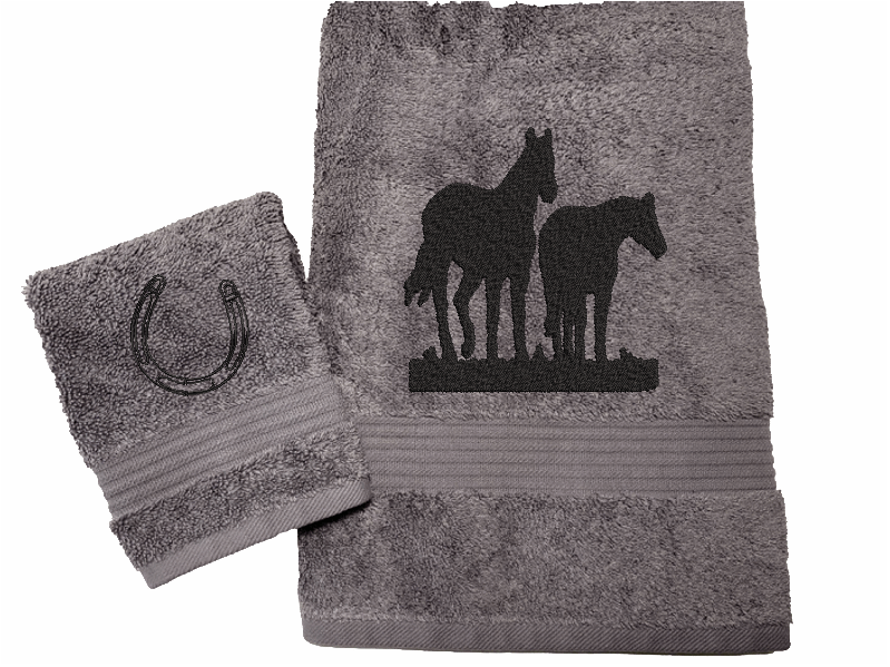 High Quality Luxury Turkish Gray Bath Towel and Washcloth, durable soft and absorbent, finished edges with a decorative band. Set has 1 bath towel 27" x 50", 1 hand towel 16" x 27", 1 washcloth 13" x 13". Embroidered with a custom design of an Appaloosa horse. You can personalize the towel set with a name and an initial on the washcloth or just the designs. These luxury towels will make a wonderful hostess towel, wedding gift, housewarming gift, or for your own bathroom decor. Borgmanns Creations