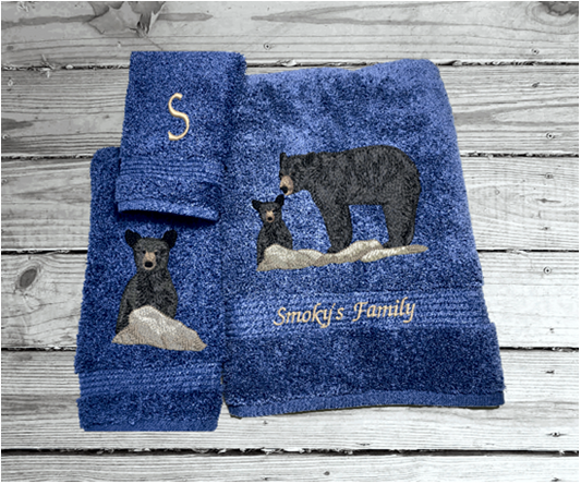 Blue bath towel set or individual towels, embroidered bear design the perfect design for the outdoor living family. This Luxury theme towel set of 3 towels 1 bath towel 27" x 55", 1 hand towel 16" x 27", 1 wash cloth 13" x 13". You can personalize the towel set with a name and name on the washcloth or just designs - Borgmanns Creations 