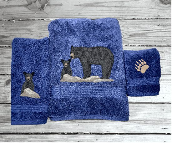 Blue bath towel set or individual towels, embroidered bear design the perfect design for the outdoor living family. This Luxury theme towel set of 3 towels 1 bath towel 27" x 55", 1 hand towel 16" x 27", 1 wash cloth 13" x 13". You can personalize the towel set with a name and name on the washcloth or just designs - Borgmanns Creations