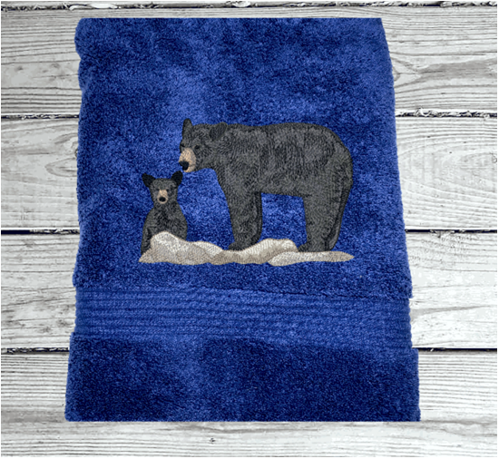 Blue bath towel, embroidered bear design the perfect design for the outdoor living family. This Luxury theme towel isl 27" x 55", . You can personalize the towel with a name  - Borgmanns Creations