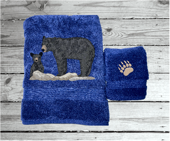 Blue bath towel and washcloth set, embroidered bear design the perfect design for the outdoor living family. This Luxury theme towels can be purchased as a set of 3 towels 1 bath towel 27" x 55", 1 hand towel 16" x 27", 1 wash cloth 13" x 13". You can personalize thebath towel with a name and on the washcloth an initial or just designs - Borgmanns Creations