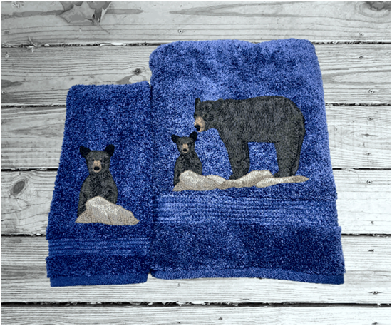 Blue bath and hand towel set, embroidered bear design the perfect design for the outdoor living family. This Luxury theme towels can be purchased as a set of 3 towels 1 bath towel 27" x 55", 1 hand towel 16" x 27", 1 wash cloth 13" x 13". You can personalize the bath towel with a name and on the washcloth an initial or just designs - Borgmanns Creations
