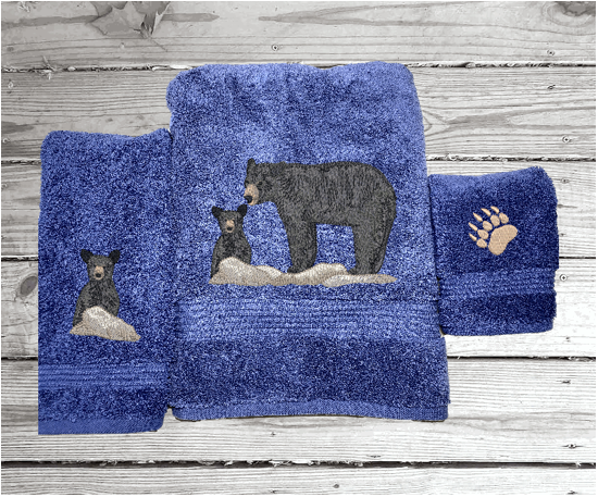 Blue bath towel set or individual towels, embroidered bear design the perfect design for the outdoor living family. This Luxury theme towel set of 3 towels 1 bath towel 27" x 50", 1 hand towel 16" x 27", 1 wash cloth 13" x 13". You can personalize the towel set with a name and an initial on the washcloth or just designs. Borgmanns Creations - 2 2