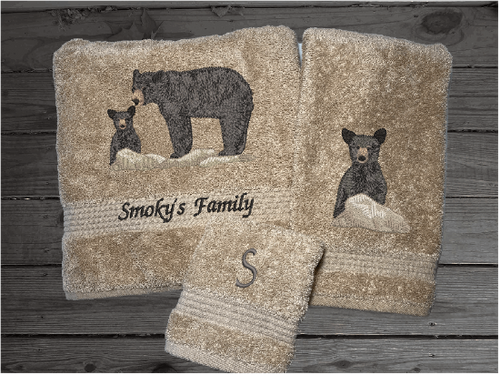 Beige bath towel set or individual towels, embroidered bear design the perfect design for the outdoor living family. This Luxury theme towel set of 3 towels 1 bath towel 27
