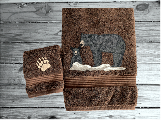 Bear Towels -Embroidered Bear and Cub Brown Bath Towel Set