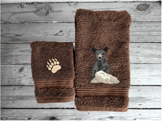 Bear Towels -Embroidered Bear and Cub Brown Bath Towel Set