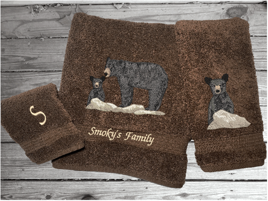 Brown bath towel set or individual towels, embroidered bear design the perfect design for the outdoor living family. This Luxury theme towel set of 3 towels 1 bath towel 27" x 50", 1 hand towel 16" x 27", 1 wash cloth 13" x 13". You can personalize the towel set with a name and name on the washcloth or just designs. Borgmanns Creations 1
