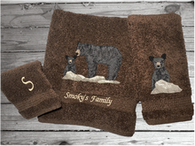 Load image into Gallery viewer, Brown bath towel set or individual towels, embroidered bear design the perfect design for the outdoor living family. This Luxury theme towel set of 3 towels 1 bath towel 27&quot; x 50&quot;, 1 hand towel 16&quot; x 27&quot;, 1 wash cloth 13&quot; x 13&quot;. You can personalize the towel set with a name and name on the washcloth or just designs. Borgmanns Creations 1
