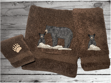 Load image into Gallery viewer, Brown bath towel set or individual towels, embroidered bear design the perfect design for the outdoor living family. This Luxury theme towel set of 3 towels 1 bath towel 27&quot; x 50&quot;, 1 hand towel 16&quot; x 27&quot;, 1 wash cloth 13&quot; x 13&quot;. You can personalize the towel set with a name and name on the washcloth or just designs. Borgmanns Creations 2
