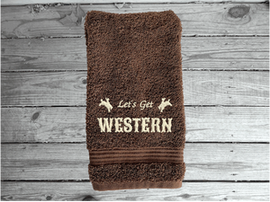 Brown hand towel -Farmhouse decor for bathroom or kitchen - embroidered saying " Lets go Western" - premium soft and absorbent hand towel - housewarming ideas for the western decor - gift for mom for her home decor for drying hands and dishes - Borgmann Creations -5