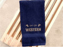 Load image into Gallery viewer, Blue hand towel -Farmhouse decor for bathroom or kitchen - embroidered saying &quot; Lets go Western&quot; - premium soft and absorbent hand towel - housewarming ideas for the western decor - gift for mom for her home decor for drying hands and dishes - Borgmann Creations -2
