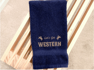 Blue hand towel -Farmhouse decor for bathroom or kitchen - embroidered saying " Lets go Western" - premium soft and absorbent hand towel - housewarming ideas for the western decor - gift for mom for her home decor for drying hands and dishes - Borgmann Creations -2