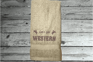 Beige hand towel -Farmhouse decor for bathroom or kitchen - embroidered saying " Lets go Western" - premium soft and absorbent hand towel - housewarming ideas for the western decor - gift for mom for her home decor for drying hands and dishes - Borgmann Creations -1