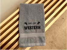 Load image into Gallery viewer, Gray hand towel -Farmhouse decor for bathroom or kitchen - embroidered saying &quot; Lets go Western&quot; - premium soft and absorbent hand towel - housewarming ideas for the western decor - gift for mom for her home decor for drying hands and dishes - Borgmann Creations -3
