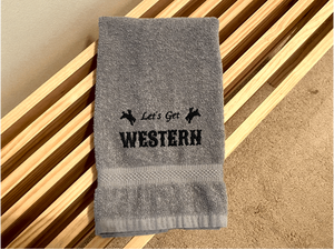 Gray hand towel -Farmhouse decor for bathroom or kitchen - embroidered saying " Lets go Western" - premium soft and absorbent hand towel - housewarming ideas for the western decor - gift for mom for her home decor for drying hands and dishes - Borgmann Creations -3