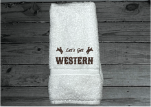Load image into Gallery viewer, White hand towel -Farmhouse decor for bathroom or kitchen - embroidered saying &quot; Lets go Western&quot; - premium soft and absorbent hand towel - housewarming ideas for the western decor - gift for mom for her home decor for drying hands and dishes - Borgmann Creations -4
