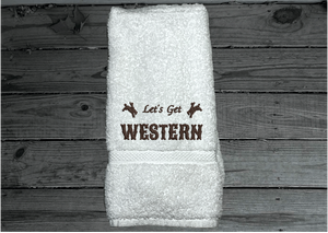 White hand towel -Farmhouse decor for bathroom or kitchen - embroidered saying " Lets go Western" - premium soft and absorbent hand towel - housewarming ideas for the western decor - gift for mom for her home decor for drying hands and dishes - Borgmann Creations -4
