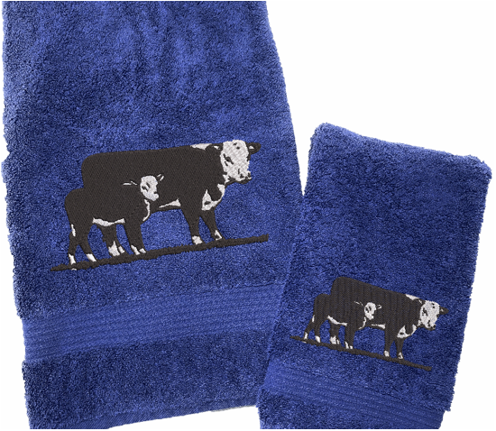 High Quality Luxury Blue Turkish bath and hand towels durable soft and absorbent, finished edges with a decorative band. Set has 1 bath towel 27" x 50', 1 hand towel 16" x 27", 1 washcloth 13" x 13. Embroidered with a custom design. You can personalize the bath towel with a name and an initial on the washcloth or just the designs. These luxury towels will make a wonderful wedding gift, housewarming gift, or for your own bathroom decor. Borgmanns Creations
