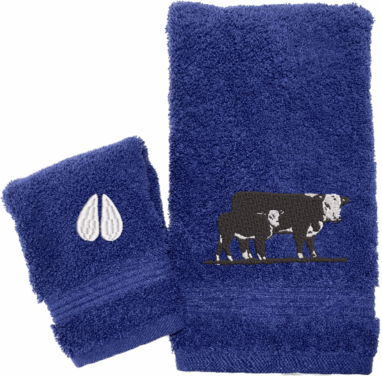 High Quality Luxury Blue Turkish hand and washcloth durable soft and absorbent, finished edges with a decorative band. Set has 1 bath towel 27" x 50', 1 hand towel 16" x 27", 1 washcloth 13" x 13. Embroidered with a custom design. You can personalize the bath towel with a name and an initial on the washcloth or just the designs. These luxury towels will make a wonderful wedding gift, housewarming gift, or for your own bathroom decor. Borgmanns Creations