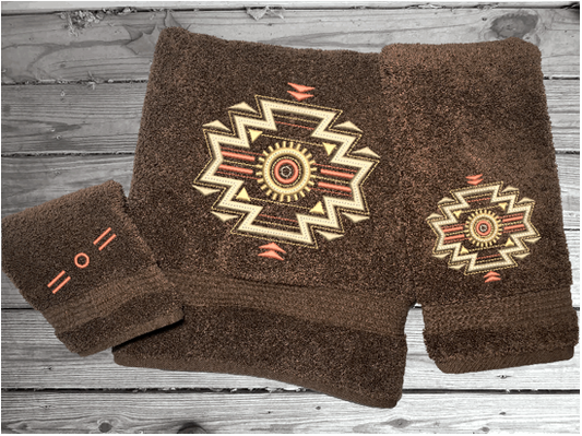 High Quality Luxury Turkish Towels durable soft and absorbent, finished edges with a decorative band. Set has 1 bath towel 27" x 55", 1 hand towel 16" x 27", 1 washcloth 13" x 13". Embroidered with a custom design. You can personalize the towel set with a name and an initial on the washcloth or just the designs. These luxury towels will make a wonderful wedding gift, housewarming gift, or for your own bathroom decor. Borgmsnnd Creations