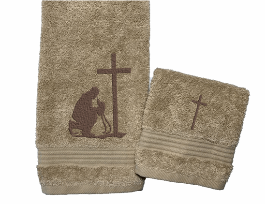 Beige bath towel and washcloth , embroidered cowboy praying design, the perfect design for that farmhouse decor. This towel set has 3 towels 1 bath towel 27" x 55", 1 hand towel 16" x 27", 1 wash cloth 13" x 13". You can personalize the towel set with a name and an initial on the wash cloth - Borgmanns Creations