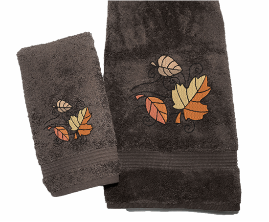 Brown bath and hand towel set, Fall leaves is the perfect design for the country living family, that likes the outdoor life, for that farmhouse decor. This Luxury western theme towel set of 3 towels 1 bath towel 27" x 55", 1 hand towel 16" x 27", 1 wash cloth 13" x 13". You can personalize the towel set with a name and an initial on the wash cloth or just the designs. Borgmanns Creations