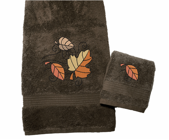 Brown bath towel and washcloth set , Fall leaves is the perfect design for the country living family, that likes the outdoor life, for that farmhouse decor. This Luxury western theme towel set of 3 towels 1 bath towel 27" x 55", 1 hand towel 16" x 27", 1 wash cloth 13" x 13". You can personalize the towel set with a name and an initial on the wash cloth or just the designs. Borgmanns Creations
