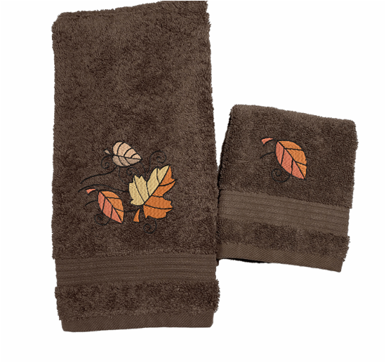Brown hand towel and washcloth set, Fall leaves is the perfect design for the country living family, that likes the outdoor life, for that farmhouse decor. This Luxury western theme towel set of 3 towels 1 bath towel 27" x 55", 1 hand towel 16" x 27", 1 wash cloth 13" x 13". You can personalize the towel set with a name and an initial on the wash cloth or just the designs. Borgmanns Creations