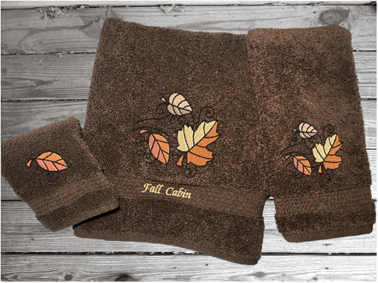 Broen bath towel set or individual towels, Fall leaves is the perfect design for the country living family, that likes the outdoor life, for that farmhouse decor. This Luxury western theme towel set of  3 towels 1 bath towel 27" x 55", 1 hand towel 16" x 27", 1 wash cloth 13" x 13". You can personalize the towel set with a name and an initial on the wash cloth or just the designs. Borgmanns Creations