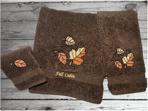 Brown Bath Towel Set Or Individual Towels With Embroidered Fall Leaves