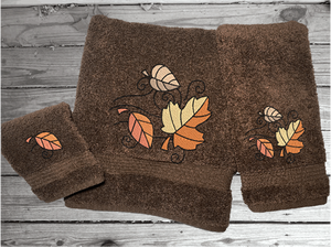 Brown bath towel set or individual towels, Fall leaves is the perfect design for the country living family home  decor. This Luxury Turkish western theme towel set of  3 towels 1 bath towel 27" x 55", 1 hand towel 15" x 28", 1 wash cloth 13" x 13". Personalize the towel set with a name and an initial on the wash cloth Borgmanns Creations -2
