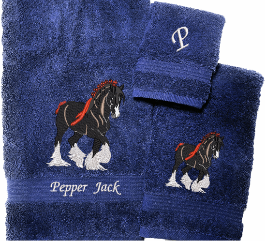 Blue Bath towel set or individual towels, Clydesdale design is the perfect design for the western living family, that likes a team of horses for pulling a wagon, that farmhouse decor. This Luxury western theme towel set of 3 towels 1 bath towel, 1 hand towel, 1 wash cloth. Personalize the towel set with a name and initial - Borgmanns Creations