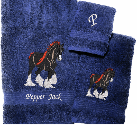 Blue Bath towel set or individual towels, Clydesdale design is the perfect design for the western living family, that likes a team of horses for pulling a wagon, that farmhouse decor. This Luxury western theme towel set of 3 towels 1 bath towel, 1 hand towel, 1 wash cloth. Personalize the towel set with a name and initial - Borgmanns Creations