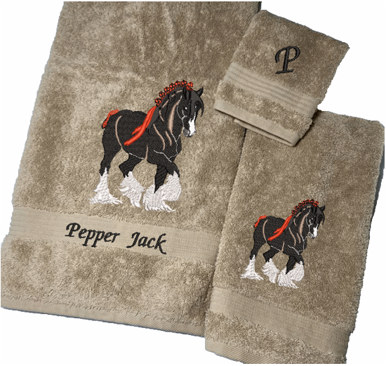 Beige bath towel set or individual towels, Clydesdale design is the perfect design for the western loving family, that likes a team of horses for pulling a wagon, that farmhouse decor. This Luxury western theme towel set of 3 towels 1 bath towel 27" x 55", 1 hand towel 16" x 27" 1 wash cloth 13" x 13" You can personalize the bath towel with a name and an initial on the washcloth or just the design- Borgmanns Creations
