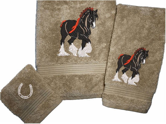 Beige bath towel set or individual towels, Clydesdale design is the perfect design for the western loving family, that likes a team of horses for pulling a wagon, that farmhouse decor. This Luxury western theme towel set of 3 towels 1 bath towel 27" x 55", 1 hand towel 16" x 27" 1 wash cloth 13" x 13" You can personalize the bath towel with a name and an initial on the washcloth or just the design- Borgmanns Creations