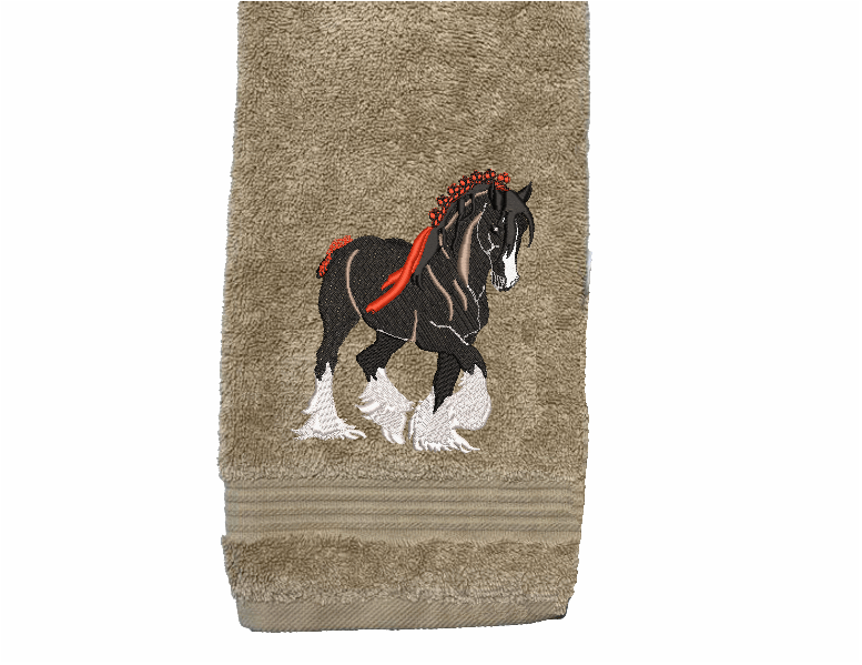 Beige hand towel, Clydesdale design is the perfect design for the western loving family, that likes a team of horses for pulling a wagon, that farmhouse decor. This Luxury western theme towel set of 3 towels 1 bath towel 27" x 55", 1 hand towel 16" x 27" 1 wash cloth 13" x 13" You can personalize the bath towel with a name and an initial on the washcloth or just the design- Borgmanns Creations