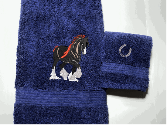 Blue Bath towel and washcloth , Clydesdale design is the perfect design for the western living family, that likes a team of horses for pulling a wagon, that farmhouse decor. This Luxury western theme towel is part od a set of 3 towels 1 bath towel 27" x 55", 1 hand towel 16" x 27", 1 wash cloth 13" x 13". Personalize the bath towel with a name or design - Borgmanns Creations