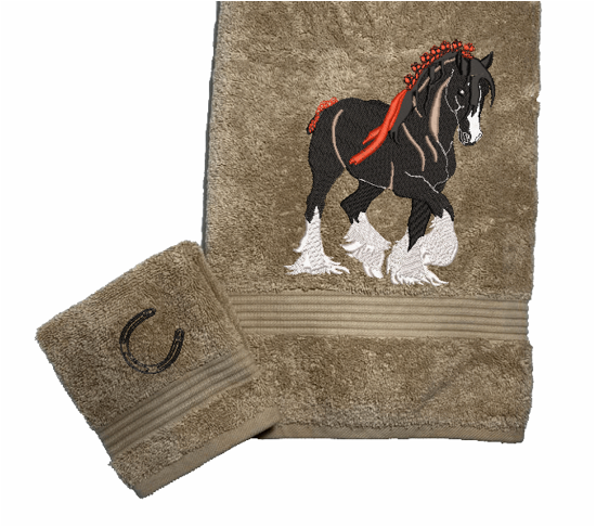 Beige bath towel and wahcloth, Clydesdale design is the perfect design for the western loving family, that likes a team of horses for pulling a wagon, that farmhouse decor. This Luxury western theme towel set of 3 towels 1 bath towel 27" x 55", 1 hand towel 16" x 27" 1 wash cloth 13" x 13" You can personalize the bath towel with a name and an initial on the washcloth or just the design- Borgmanns Creations
